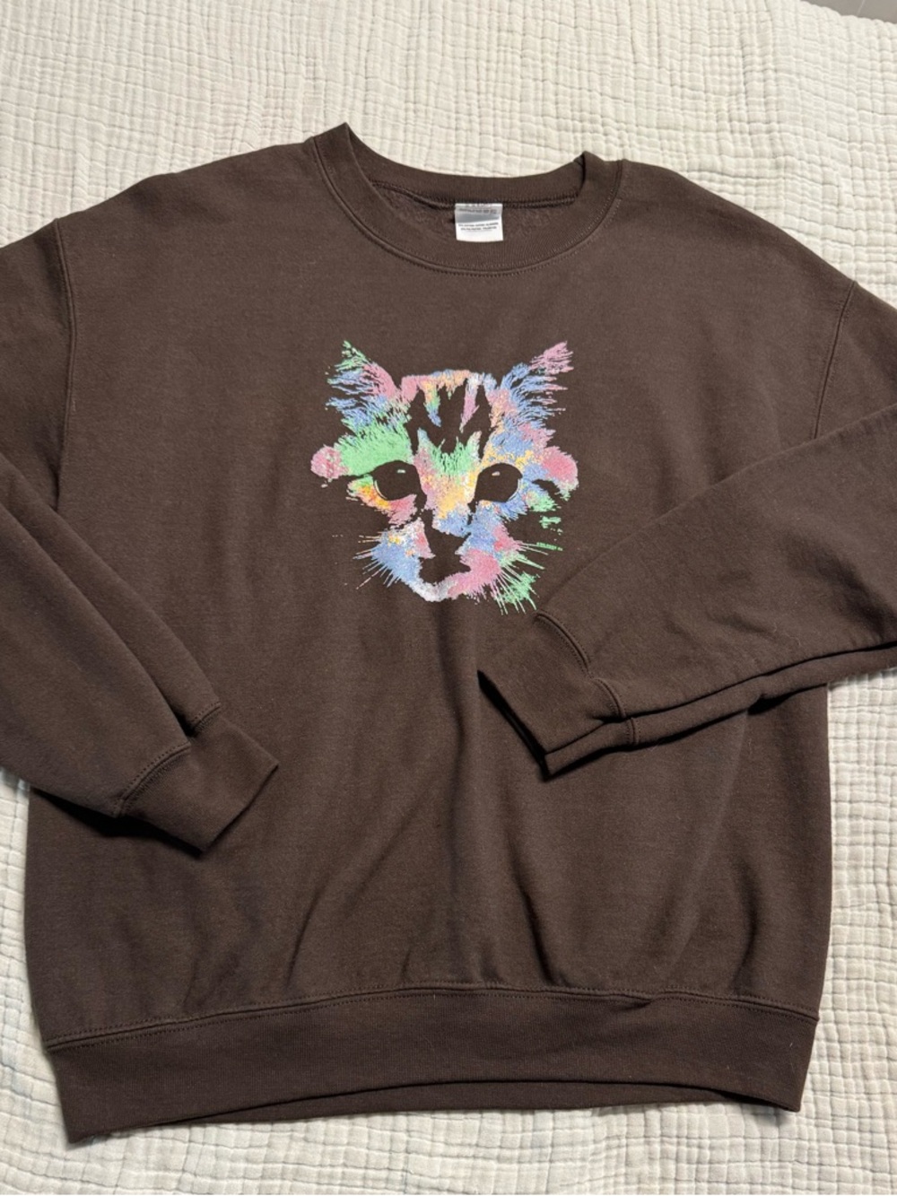 Gildan Brown Crewneck Sweatshirt with Pastel Multicolor Cat Graphic